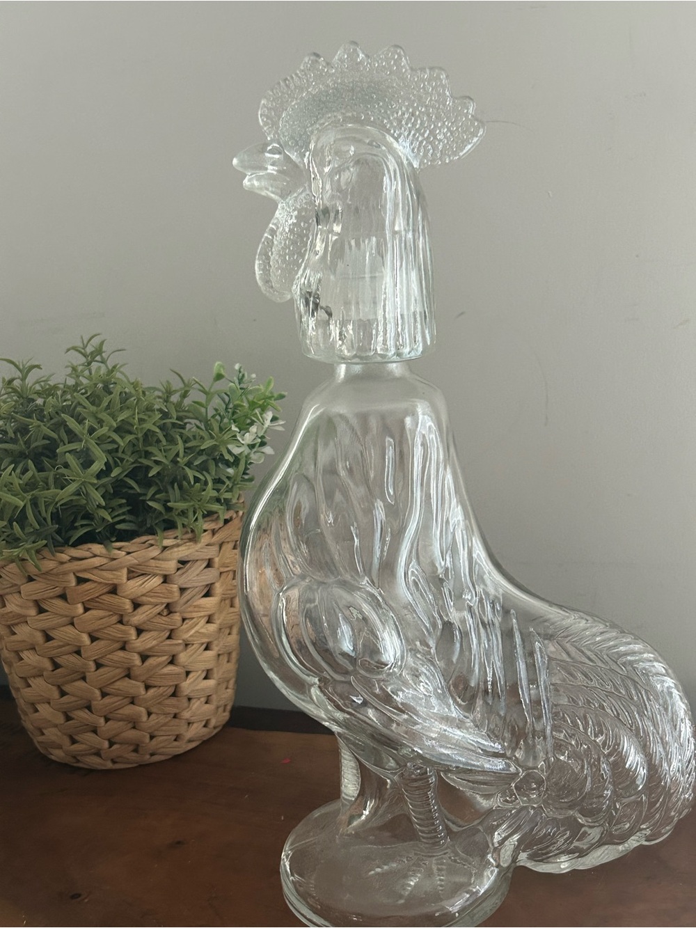 Vintage Clear Glass Rooster Chicken Decanter Shot glass Head 13” Figurine